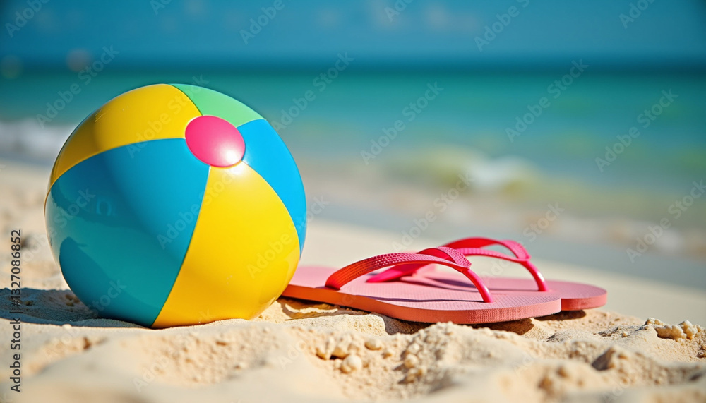 Obraz premium Colorful beach ball and flip-flops on sandy beach with ocean in the background