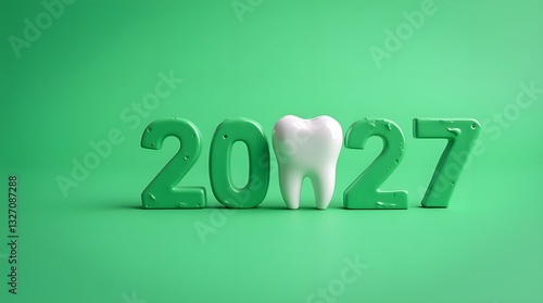 New Year 2027 in a dental clinic on a green background. White tooth between the numbers 2027.