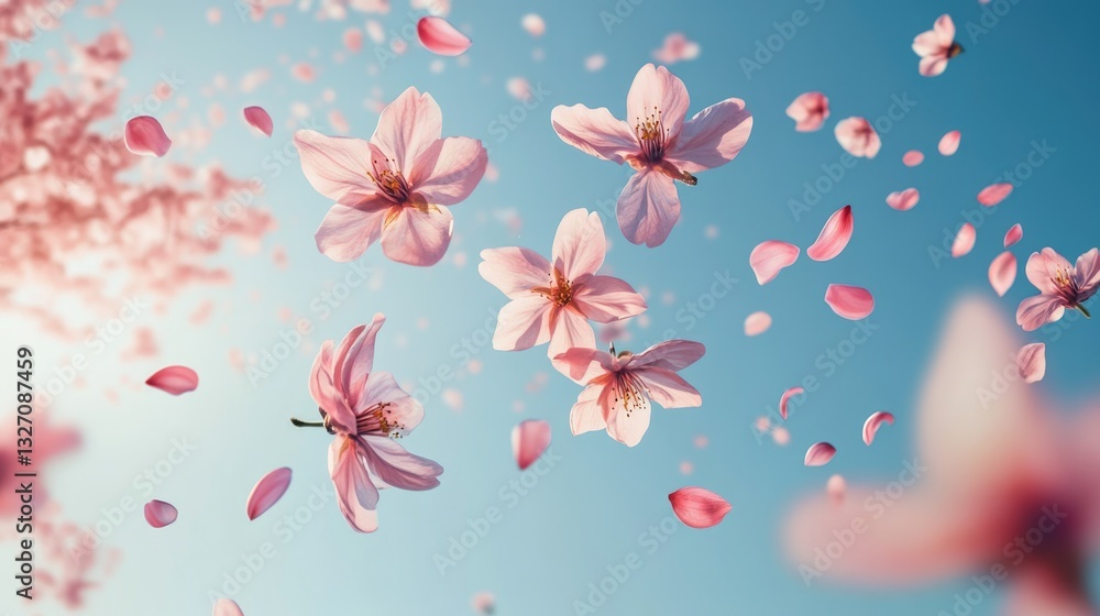 Flower petals floating in the air on a blurred background, spring concept, creating vibrant scene. Flower petals floating in the air on a blurred background, spring concept, creating vibrant scene.