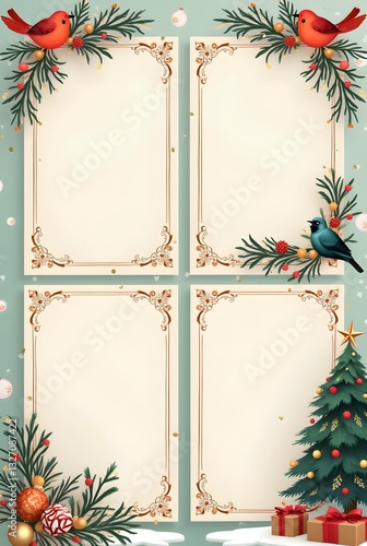 christmas greeting card with christmas tree branches. Four New Year cards decorated with fir branches, sparrows and New Year toys.