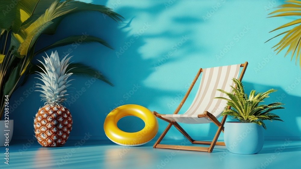 Obraz premium Tropical sun lounge, bright blue room, inflatable ring