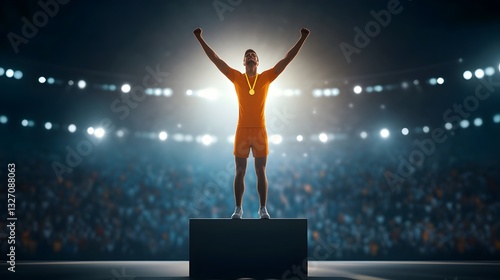 Golden Victory Podium: An athlete stands proudly atop the podium, arms raised in triumph, adorned with a gold medal, spotlighted in an arena filled with an enthusiastic crowd.
