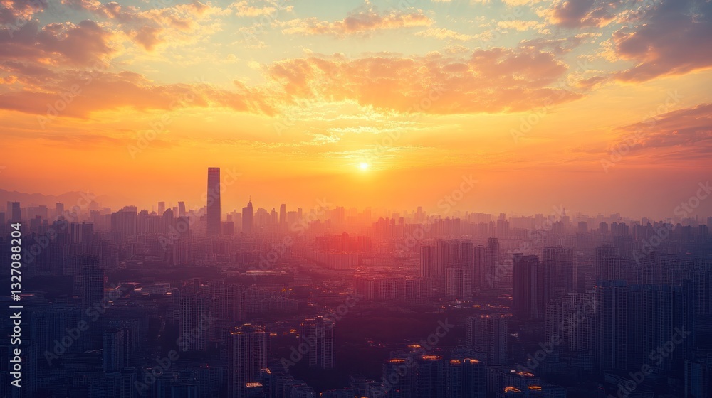 Fototapeta premium Warm Sunset Over City Skyscrapers, Embracing Tranquility in Urban Life
