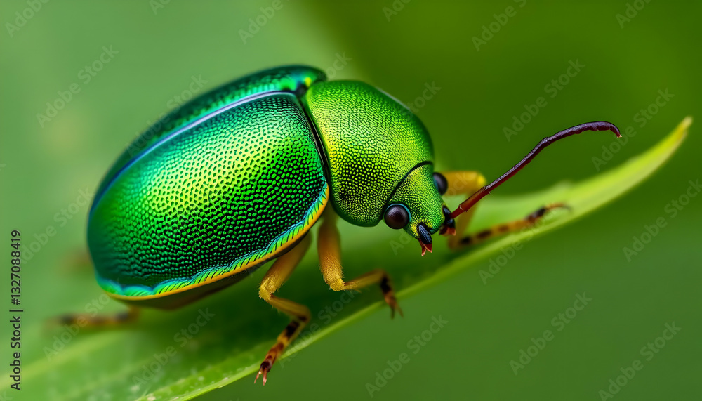A shiny iridescent green beetle resting on a green leaf blade A shiny iridescent green beetle resting on a green leaf blade