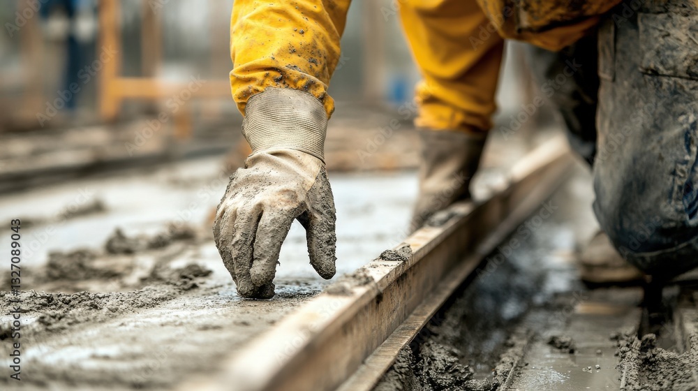 A skilled worker wearing gloves meticulously finishes a cement surface at a construction site, showcasing dedication to quality and craftsmanship in manual labor. A skilled worker wearing gloves meticulously finishes a cement surface at a construction site, showcasing dedication to quality and craftsmanship in manual labor.