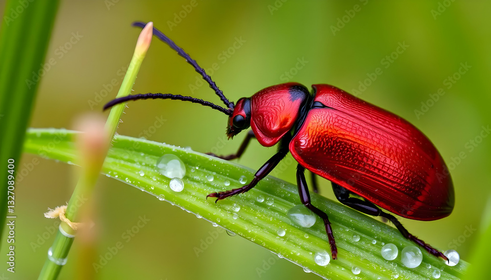 A shiny red insect resting on a dewy green blade of grass A shiny red insect resting on a dewy green blade of grass