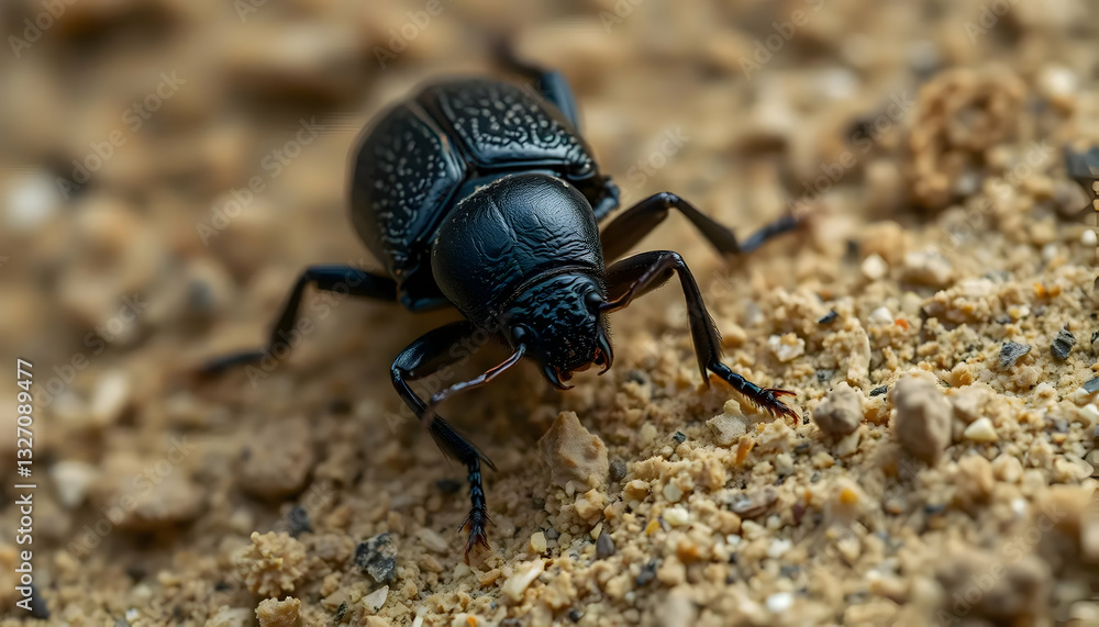 A close up photograph of a black beetle on sand A close up photograph of a black beetle on sand