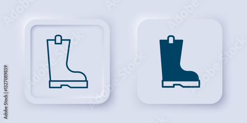 Filled and outline Waterproof rubber boot icon isolated on grey background. Gumboots for rainy weather, fishing, gardening. Square button. Vector