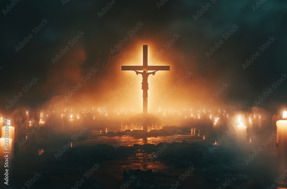 Naklejka premium Illuminated Cross Silhouette Amidst Candles in Dark Setting