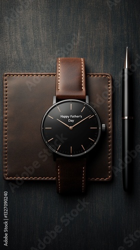 Wallpaper Mural Elegant watch with leather strap next to wallet and pen, Father's Day Torontodigital.ca