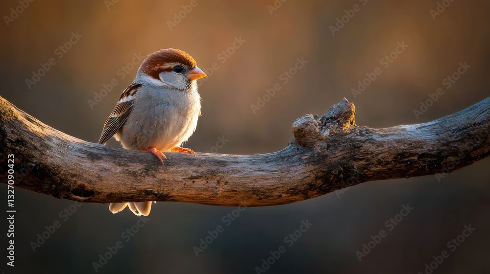 Fototapeta premium Sparrow perched on branch, golden hour sunlight, natural setting