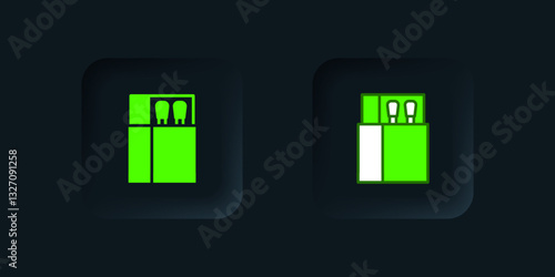 Green Open matchbox and matches icon isolated on black background. Black square button. Vector