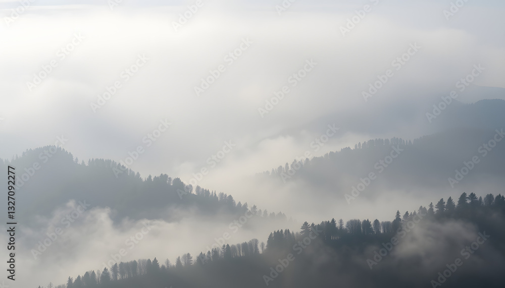 misty mountain range covered with white mist, professional photography. White tone misty mountain range covered with white mist, professional photography. White tone