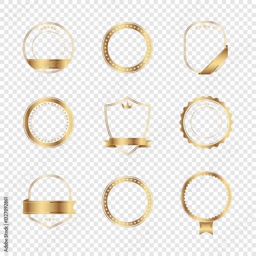 Set of luxury gold emblems with decorative border and ribbons with transparent background. Labels and seals for premium, exclusive design, certification and award. High quality vector template