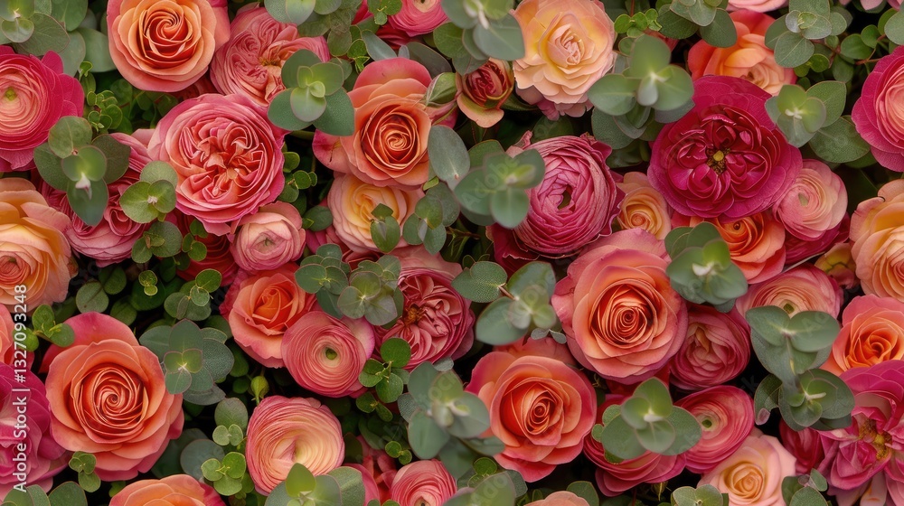 Naklejka premium Eucalyptus and peach ranunculus, pink roses