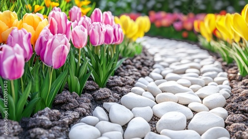 Colorful flowers bloom abundantly in a lush garden where a stone pathway is warmed by the sun photo