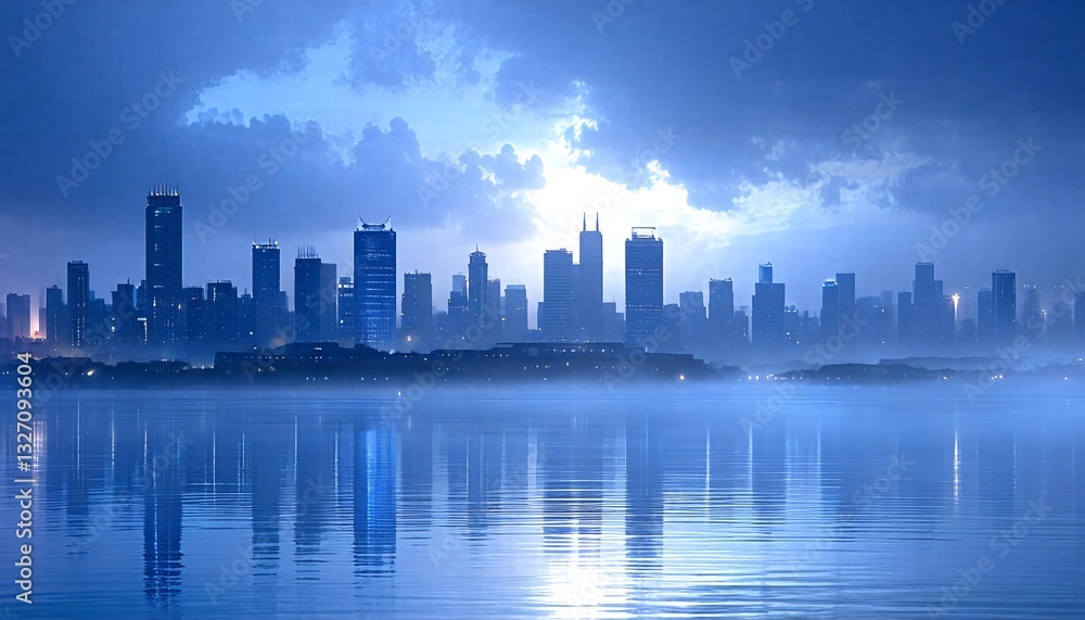 Fototapeta premium A city skyline with skyscrapers and buildings at dusk reflected on calm water.
