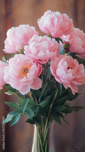 Wallpaper Mural Vibrant pink peonies in a clear vase against a warm, rustic background Torontodigital.ca