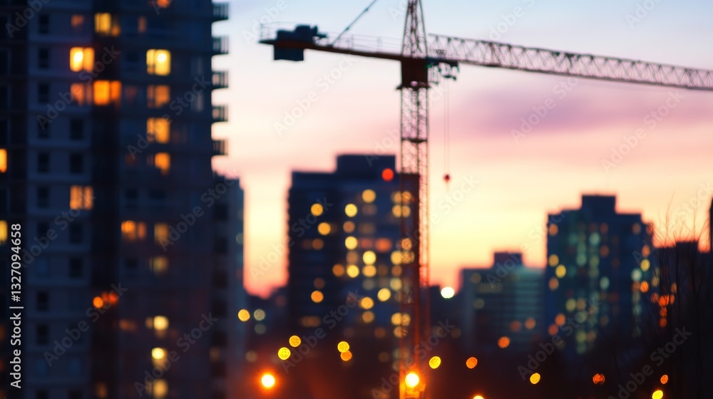 Urban skyline at sunset with construction crane and illuminated buildings in the background Urban skyline at sunset with construction crane and illuminated buildings in the background