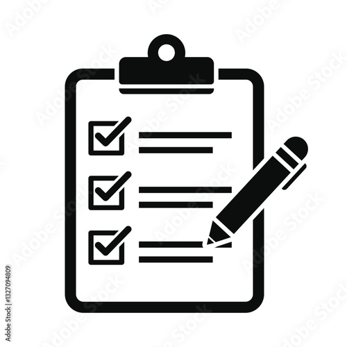 Clipboard icon with checkmarks and a pencil vector, isolated on a white background
