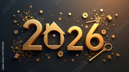 On a dark background, golden numbers 2026 and keys to apartments. Sale of houses of a construction company congratulates on the new 2026 year.