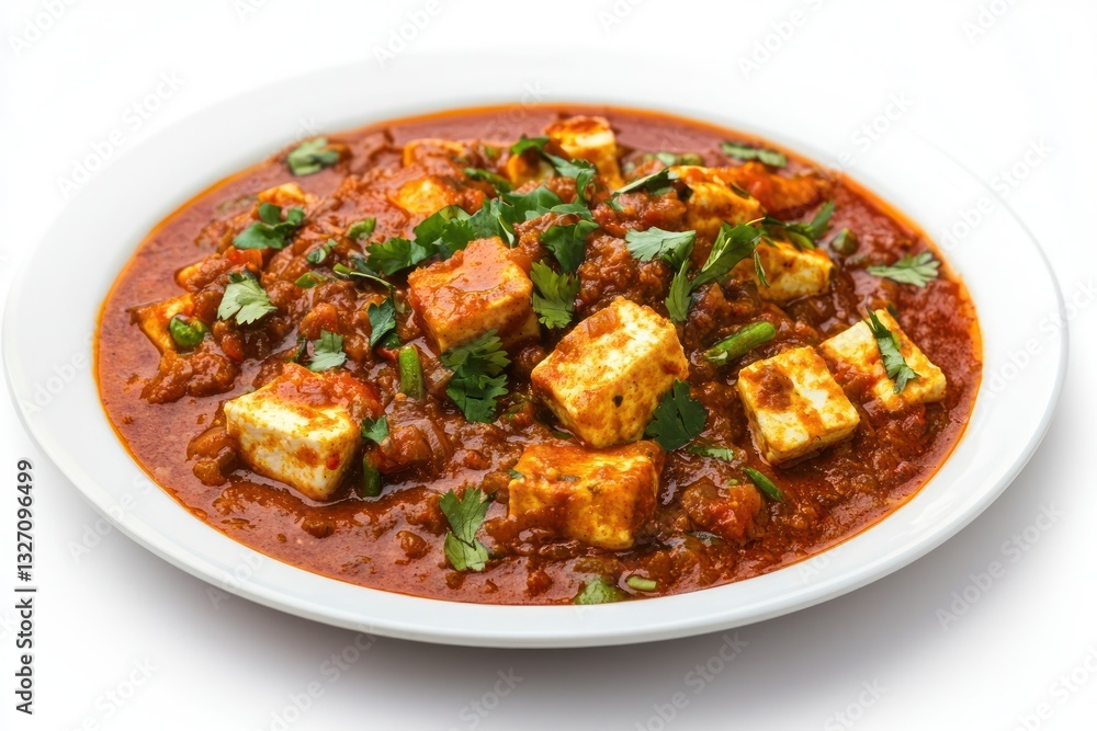 Delicious paneer butter masala with fresh cilantro garnish served on a white plate in a studio shot Delicious paneer butter masala with fresh cilantro garnish served on a white plate in a studio shot
