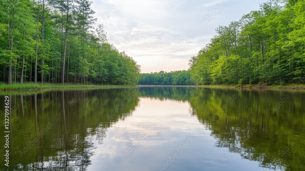 Fototapeta premium Serene lake surrounded by lush green trees reflecting in calm waters at sunset
