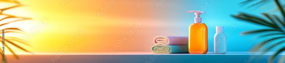 Stylish personal care products with towels in soft lighting. Generative AI