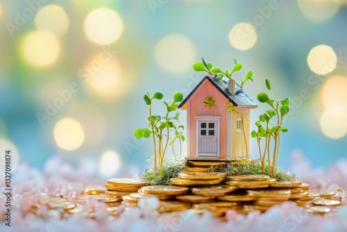 Wallpaper Mural A small house perched on top of a pile of shiny coins, great for finance and money-themed illustrations Torontodigital.ca