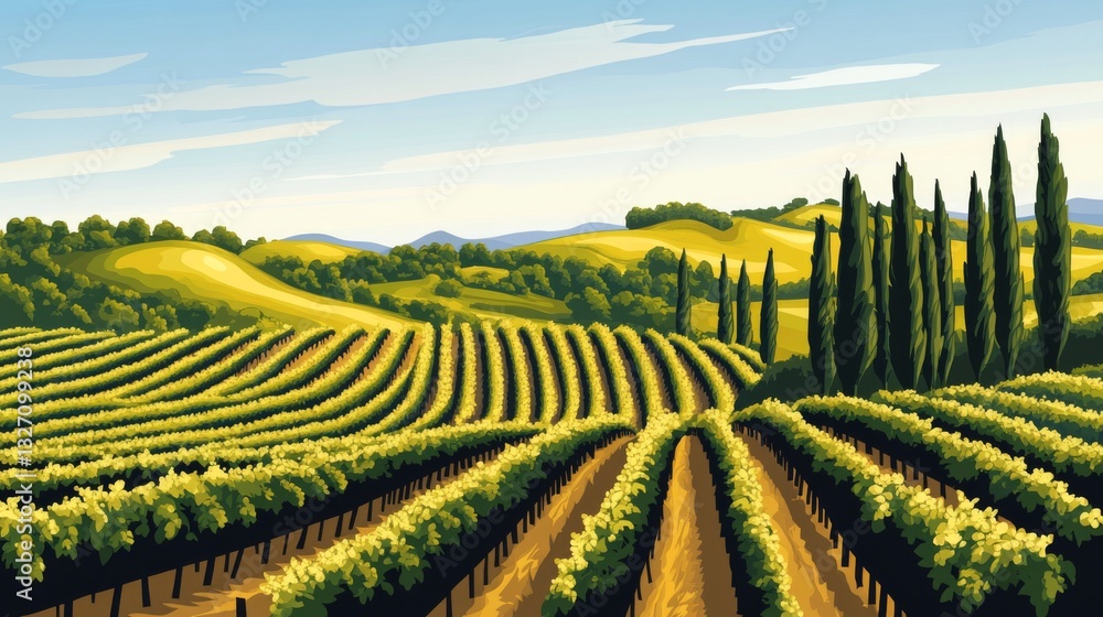 Fototapeta premium Picturesque vineyard landscape with rolling hills and cypress trees