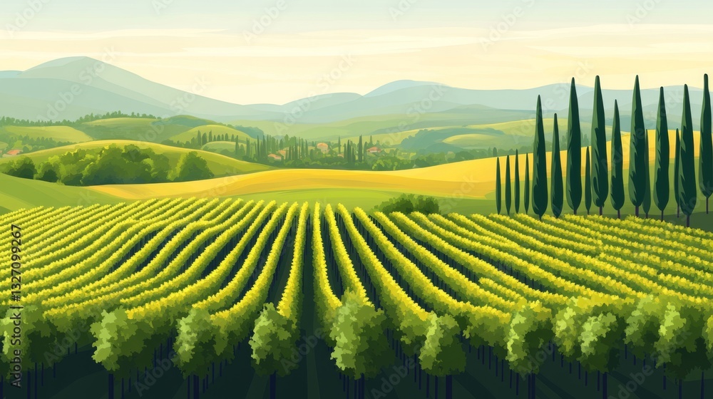Fototapeta premium Serene countryside landscape with rolling hills and lush vineyards at sunset