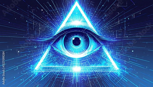 A blue eye with an all-seeing triangle above it.