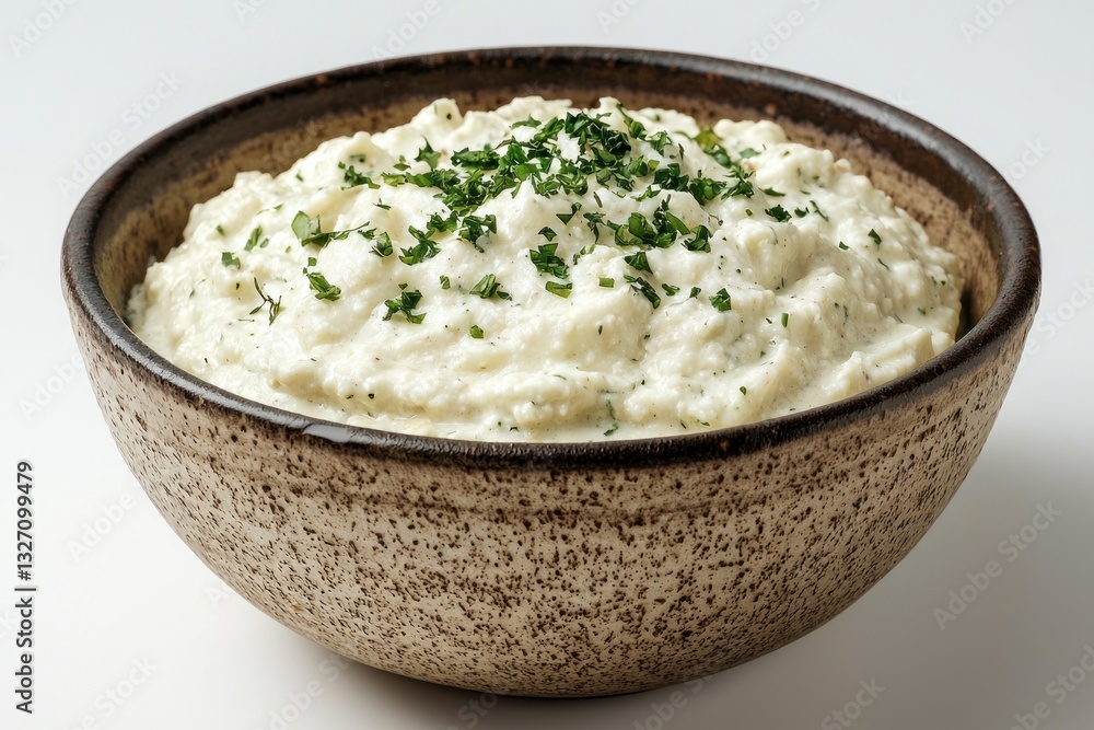 Creamy cauliflower mash in rustic bowl garnished with fresh green parsley close up still life