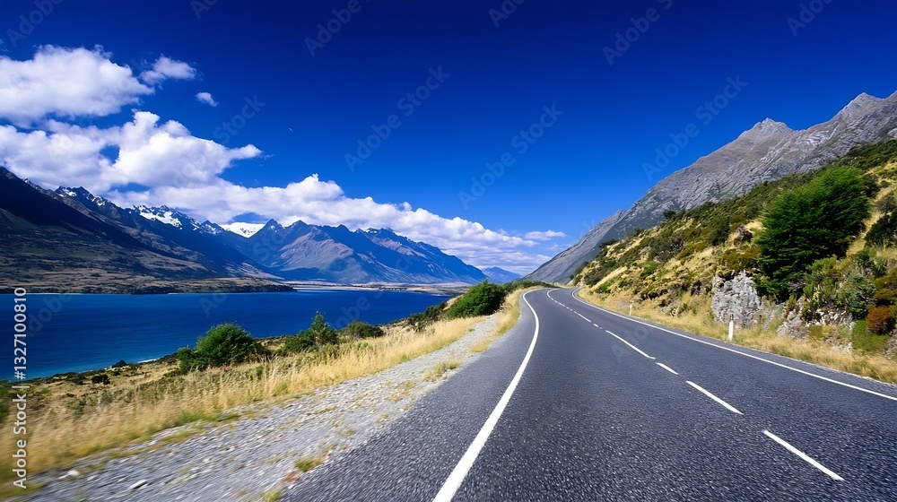 Fototapeta premium Scenic winding road along the breathtaking mountains and lake under a vibrant blue sky : Generative AI