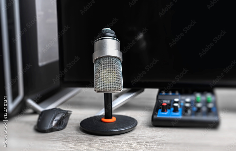 A professional condenser microphone on a desktop stand is set up in a modern gaming and recording workstation, surrounded by a computer monitor, keyboard, and gaming peripherals.