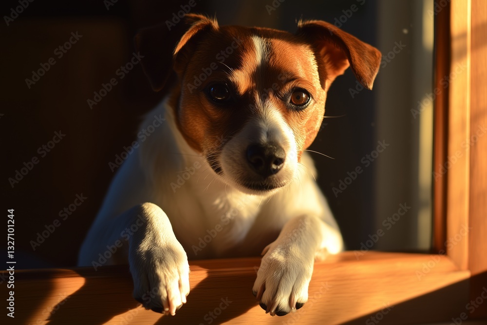 A Jack Russell Terrier resting its front paws on a windowsill, looking outside with an attentive expression A Jack Russell Terrier resting its front paws on a windowsill, looking outside with an attentive expression