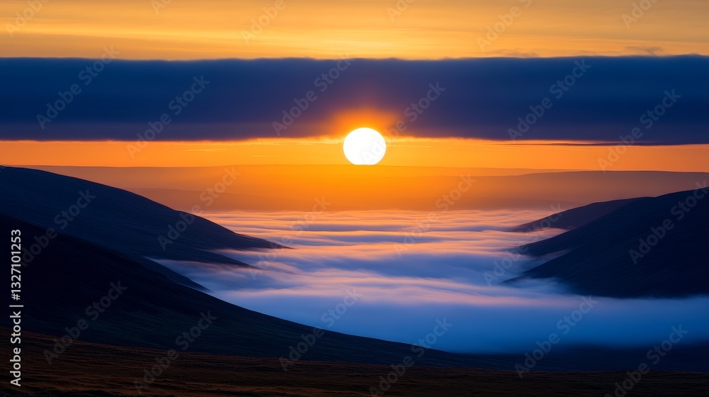 Obraz premium Serene Sunset Over Misty Valleys with Rolling Hills and Cloudy Sky at Dusk