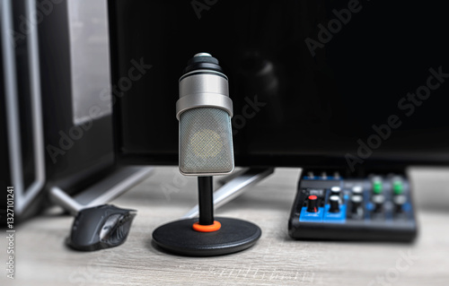 Obraz na płótnie A professional condenser microphone on a desktop stand is set up in a modern gaming and recording workstation, surrounded by a computer monitor, keyboard, and gaming peripherals. w salonie