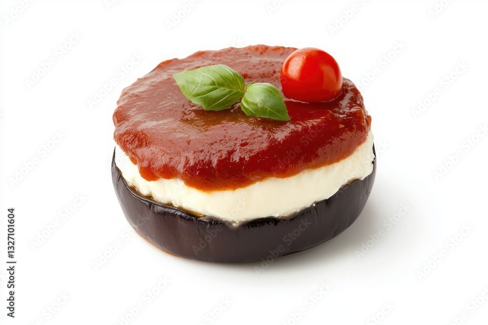 Fresh caprese style appetizer aubergine with tomato sauce mozzarella and basil leaf in detail close up studio shot on a white background for food photography Fresh caprese style appetizer aubergine with tomato sauce mozzarella and basil leaf in detail close up studio shot on a white background for food photography