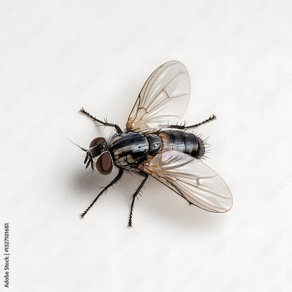 Close-up studio shot of a fly on white background, wings spread, for pest control Close-up studio shot of a fly on white background, wings spread, for pest control