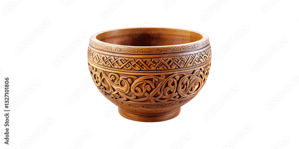 Intricately Carved Wooden Bowl With Celtic Patterns. Decorative Art And Craftsmanship Isolated On Transparent Background Intricately Carved Wooden Bowl With Celtic Patterns. Decorative Art And Craftsmanship Isolated On Transparent Background
