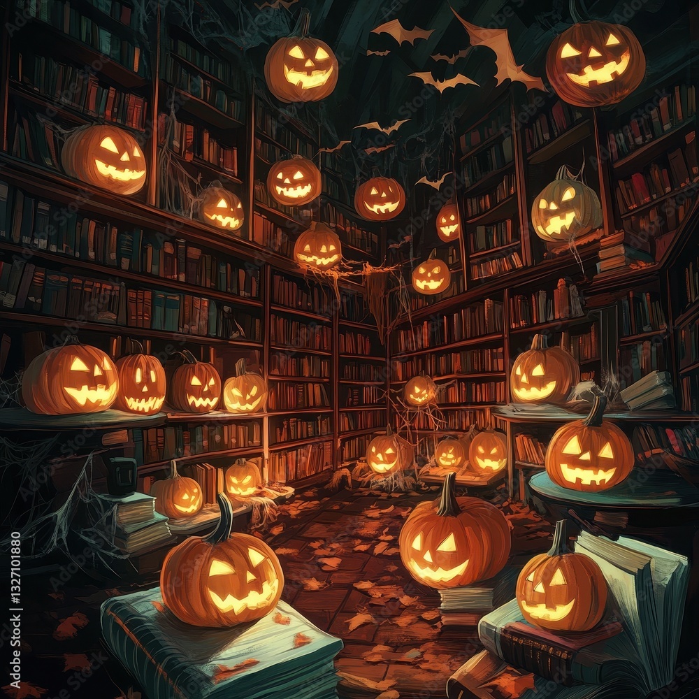 Fototapeta premium A spooky library filled with pumpkins and hanging bats