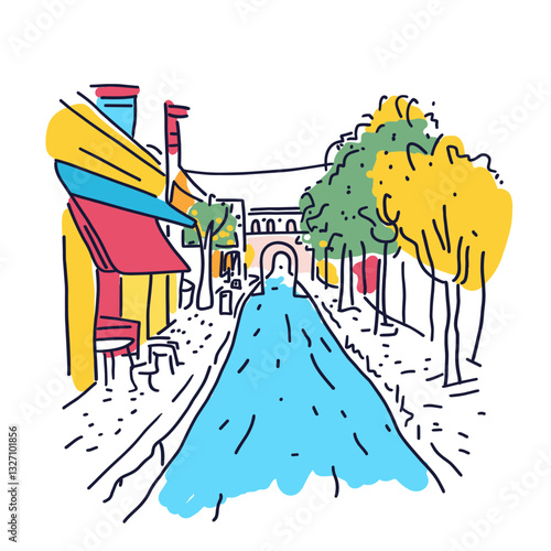 Simple minimalist drawing of San Antonio River Walk. San Antonio River Walk illustration in an doodle inca cartoon style