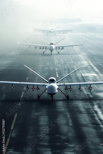 military drone unmanned aerial vehicle flying in nature. Selective focus.