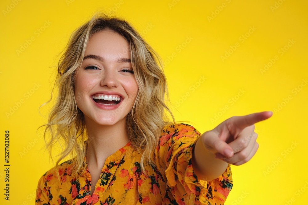 A woman wearing a floral shirt points to the side, gesturing or directing attention