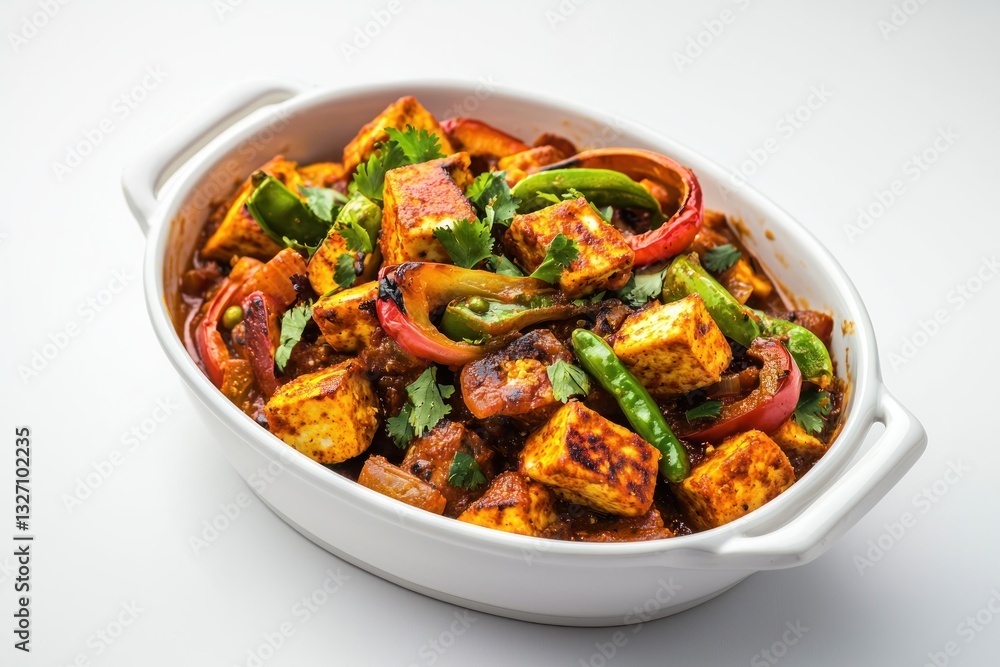 Culinary delight of indian paneer masala with vibrant vegetables in a stylish white serving dish Culinary delight of indian paneer masala with vibrant vegetables in a stylish white serving dish