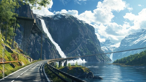 Scenic fjord road, waterfall, mountains, Norway, travel