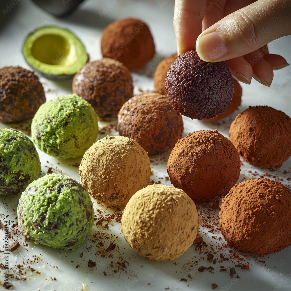 Individual picking up a tempting chocolate ball from a display of assorted gourmet treats on a rustic table Individual picking up a tempting chocolate ball from a display of assorted gourmet treats on a rustic table