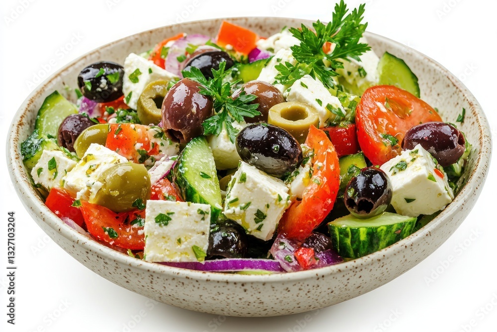 Fresh greek salad with feta cheese and olives in a bowl vibrant colors close up healthy food mediterranean cuisine studio shot Fresh greek salad with feta cheese and olives in a bowl vibrant colors close up healthy food mediterranean cuisine studio shot