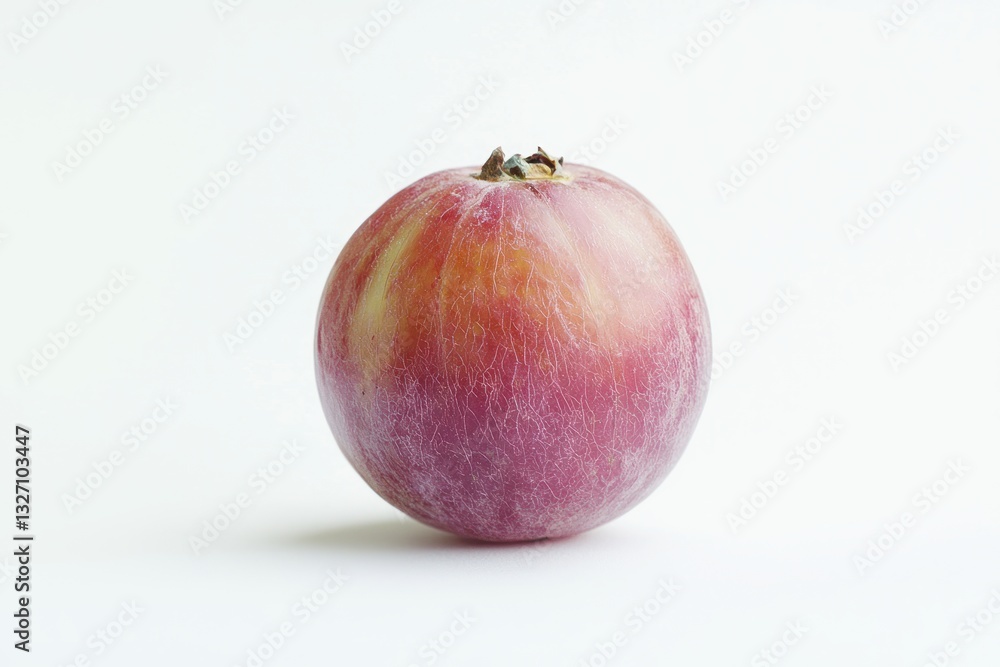 Single ripe pluot fruit on white background showing its delicate skin details and organic colors fresh food